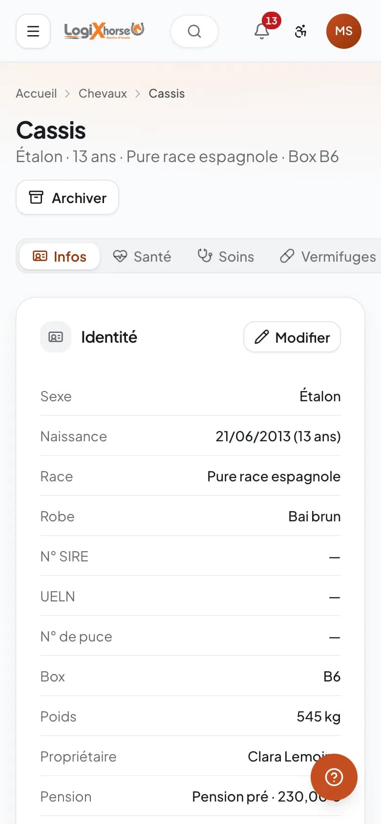 Fiche d'un cheval sur téléphone