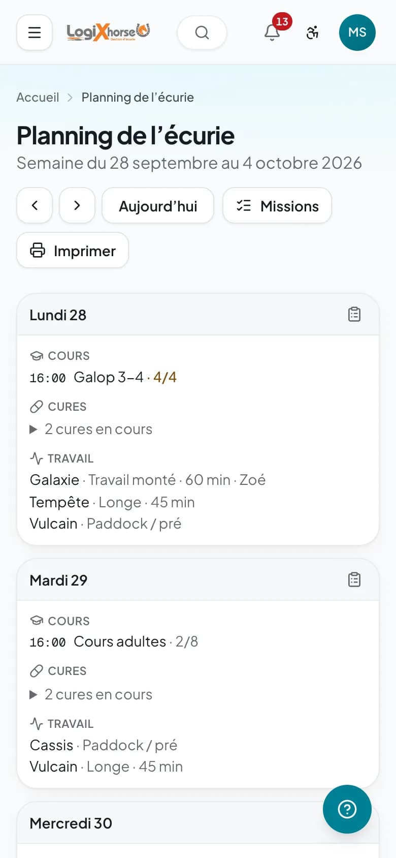 Planning de la semaine sur téléphone