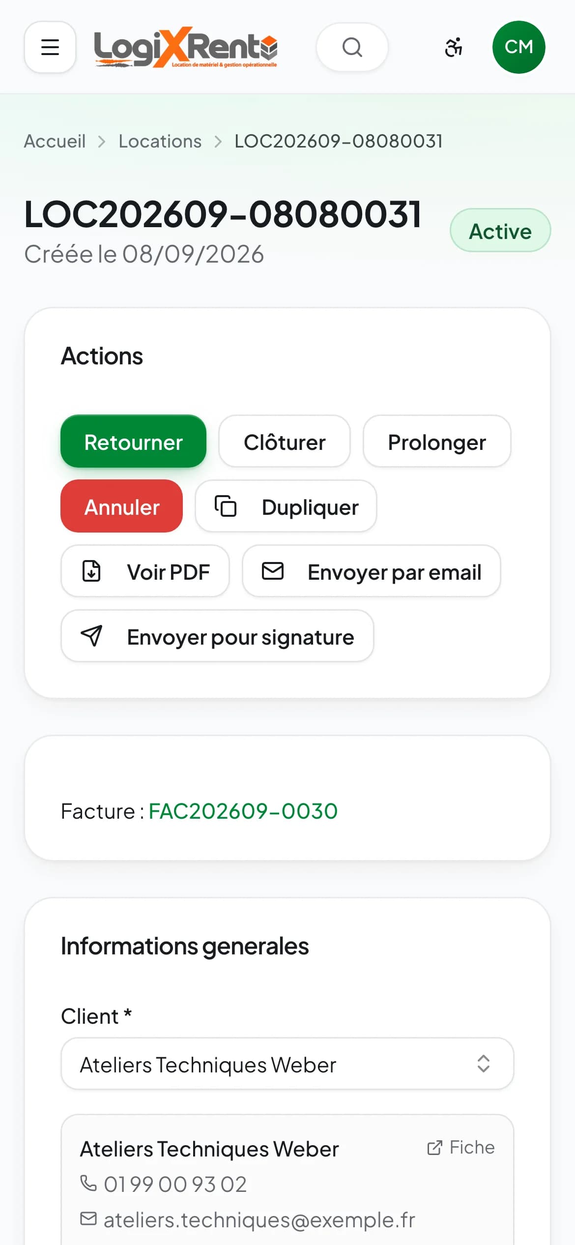 Fiche d'une location sur téléphone