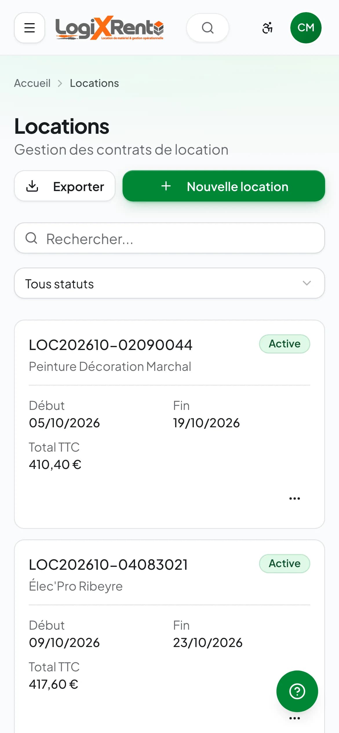 Liste des locations sur téléphone